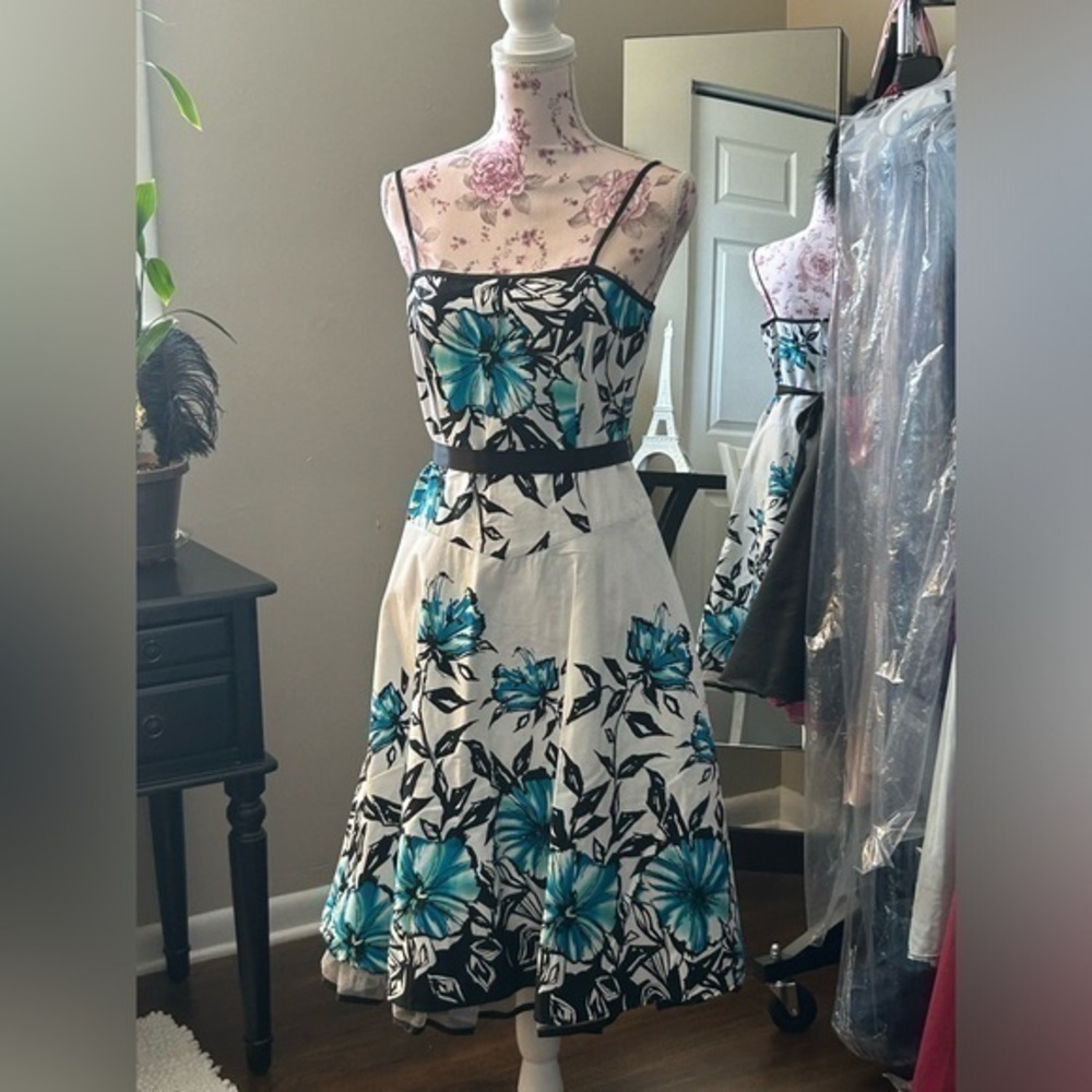 🔷Retro Dress Barn Black Teal White Floral Casual Midi Swing Dress w/Petticoat